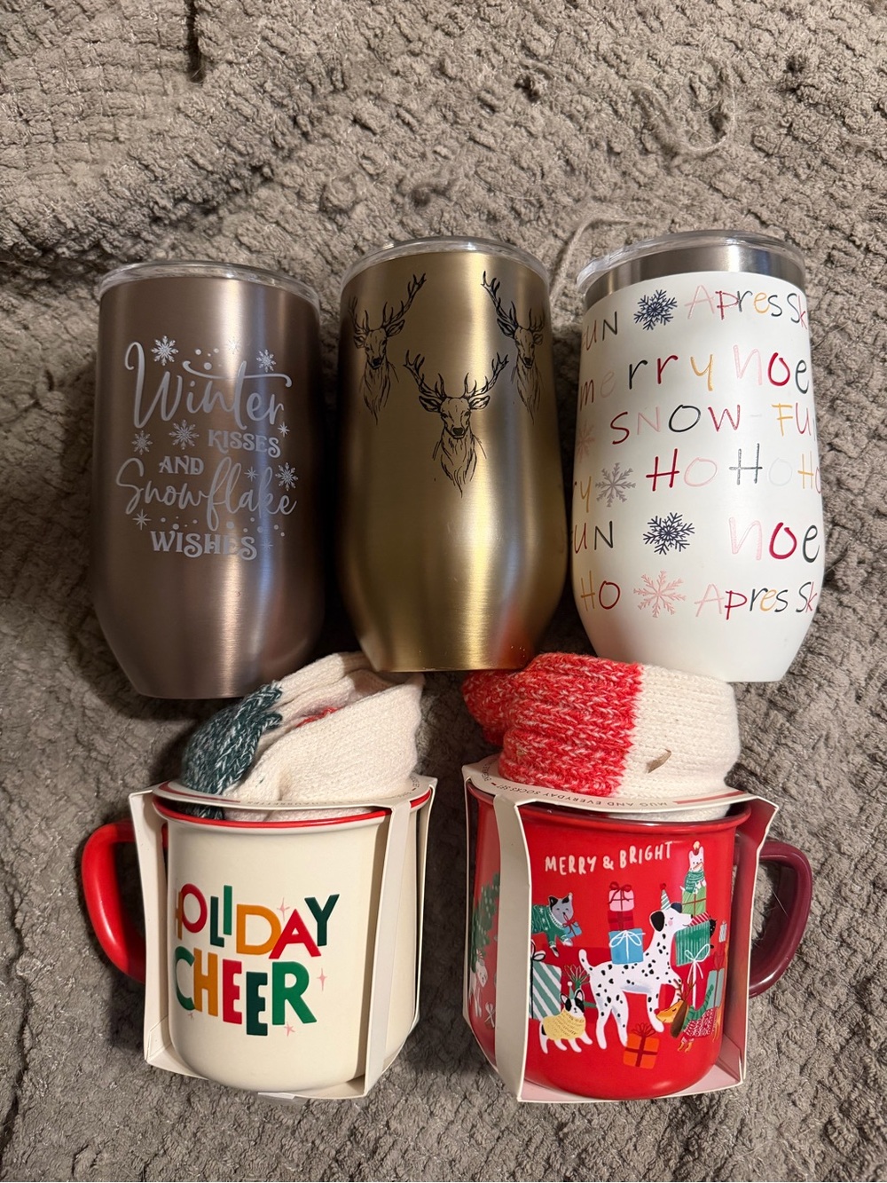 Holiday Cheer Christmas double wall tumblers, and indigo mugs with socks
